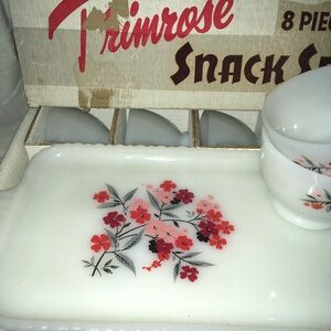 4 Vintage FireKing Primrose Snack Sets with Floral Design with original box EUC